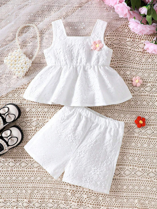 Baby Girls' Casual 3d Flower Decorated Romper Dress And Shorts Set