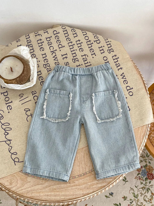 Ins Style Autumn New Arrival 0-3 Years Old Baby Unisex Denim Cropped Pants With Fringe Pocket