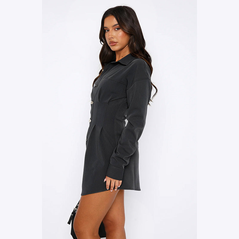 Fashionable Autumn Solid Color Button Slim Long-Sleeved Shirt Dress